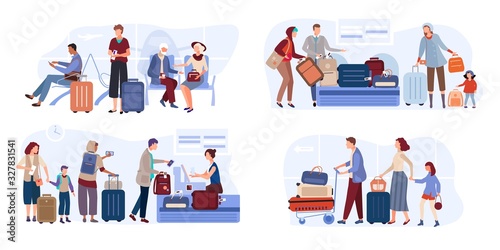 Traveler people in airport lounge with tickets, suitcase on hand drawn airline vector illustration. Man, women, child with luggage sit on airport bench, carry baggage ,checkin flight, awaiting flight