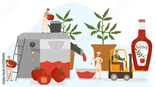 People making ketchup from fresh tomatoes, vector illustration. Tiny men and women cartoon characters cooking tomato sauce using huge juicer. People team making ketchup together, organic tomato juice