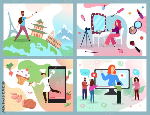 Blogger demonstrating skills, fashion, travel, cook in blog hand drawn blogging vector illustration. Popular people streaming online, make photo, selfie, share content, conduct webinars in internet.