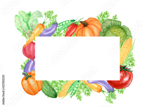 Watercolor painted frame of vegetables. Greeting card, poster, banner concept with copy space for text. Hand drawn fresh healty vegan food design on white background.