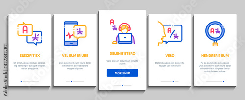 Interpreter Translator Onboarding Mobile App Page Screen Vector. Interpreter In Smartphone And Web Site, Laptop And Microphone, Language Linguist Concept Linear Pictograms. Color Contour Illustrations