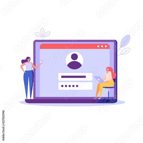 People registering online with user interface. Users use secure login and password. Concept of online registration, sign up, user interface. Vector illustration for UI, web banner, mobile app