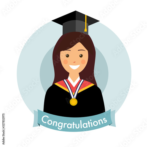 Graduate woman above blue ribbon with word congratulations vector illustration on white background. Happy graduation cute character in flat design.