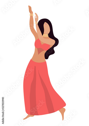 Vector illustration with a young beautiful brunette who performs belly dance in a traditional costume with decorations. Pink dress and elegant pose. Design or poster for a party, oriental dance school