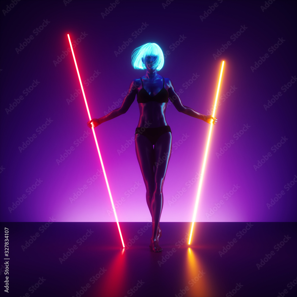 3d render, virtual female model posing, standing on the stage holding neon light glowing lines. Futuristic pole dance performance at night club. Slim young woman in blue wig. Realistic mannequin doll. - obrazy, fototapety, plakaty 