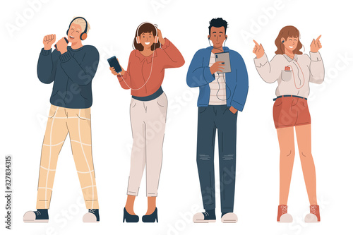 Young people listening to music. Girls and boys wearing earphones and headphones enjoying music
