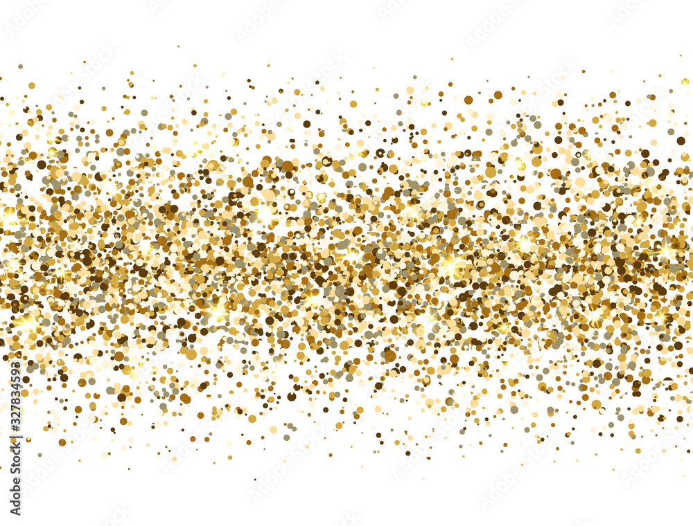 Glitter gold border isolated on white background. Luxury glitter decoration banner. Golden sparkles and dust. Bright design for Christmas, Birthday, Wedding. Vector illustration