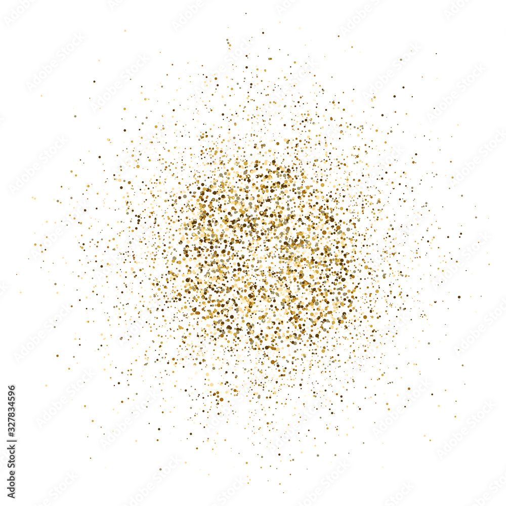 Golden glitter explosion on white background. Bright dust splash. Gold glitter particles splatter. Sparkling firework. Luxury design. Vector illustration
