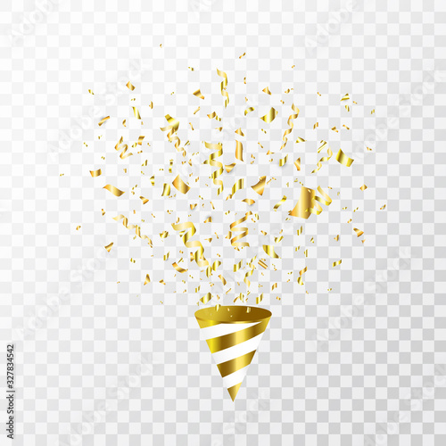 Gold confetti flying on transparent background. Party cracker with golden confetti, serpentine. Bright festive tinsel. Party popper. Holiday design elements. Vector illustration