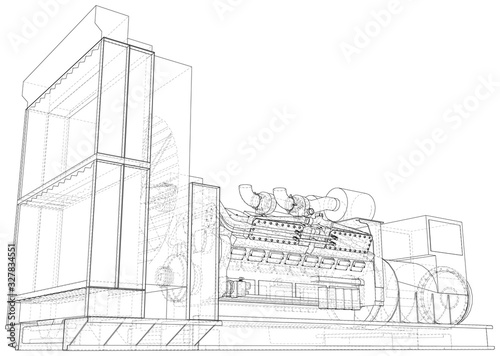 Diesel generator unit for factory. he layers of visible and invisible lines are separated. Wire-frame outline.