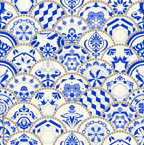 Seamless tile pattern. Colorful lisbon, mediterranean floral ornament pattern. Round flower blue mosaic. Islam, Arabic, Indian, Turkish, Pakistan, Chinese Moroccan, Portuguese Ottoman motifs. Vector