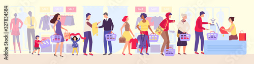 Shopping queue in clothing store vector illustration, queueing the group of people in shop during the sale, cartoon character man queues in line. Woman, kids clothes in basket.Cashier shopping counter