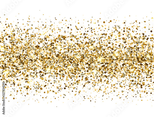 Glitter gold border isolated on white background. Luxury glitter decoration banner. Golden sparkles and dust. Bright design for Christmas, Birthday, Wedding. Vector illustration