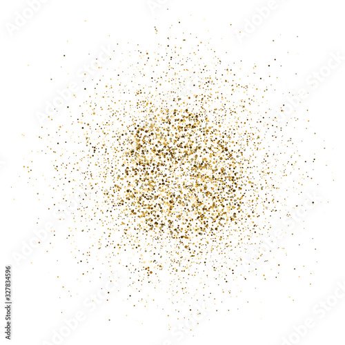Golden glitter explosion on white background. Bright dust splash. Gold glitter particles splatter. Sparkling firework. Luxury design. Vector illustration