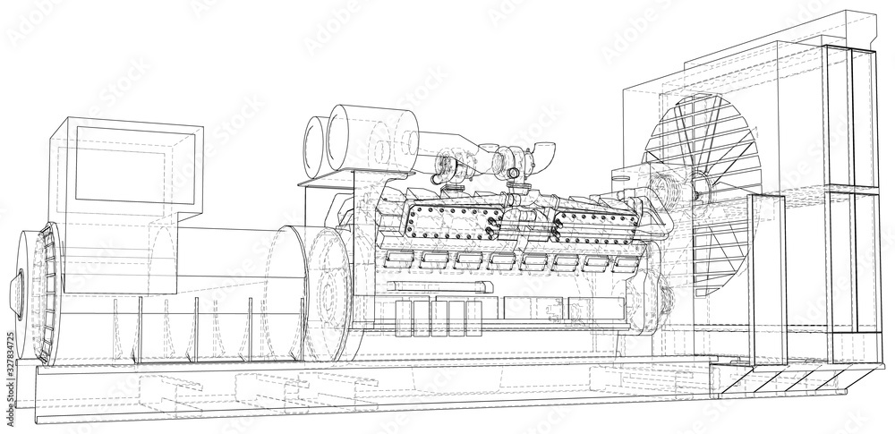 Diesel generator. The layers of visible and invisible lines are separated. EPS10 format. Wire-frame.