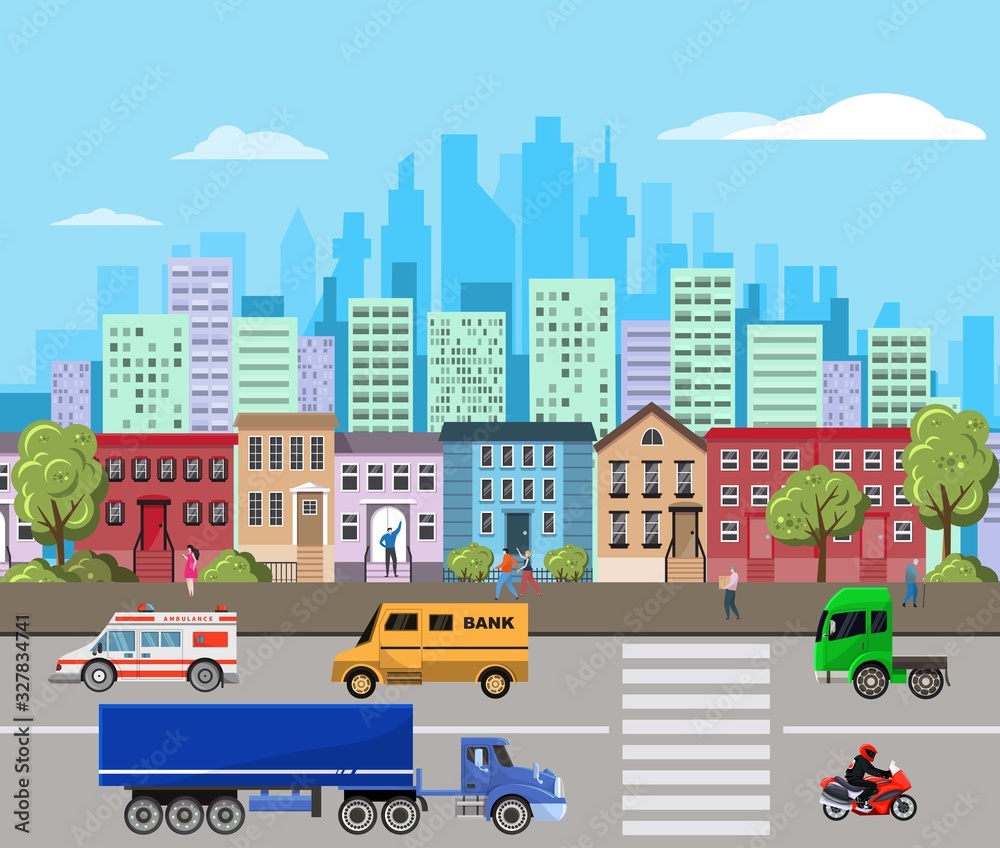 Urban landscape vector illustration with modern city skyscrapers and suburban buildings, urbanisation concept. Cityscape background design. Town skyline with street view, house and people silhouettes.