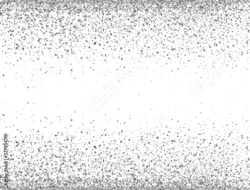 Glitter silver border isolated on white background. Luxury glitter decoration banner. Gray sparkles and dust. Bright design for Christmas, Birthday, Wedding. Vector illustration