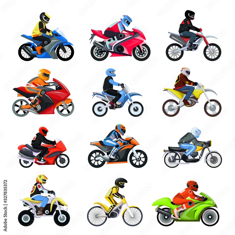 Motorcycle bikers set vector illustration isolated on white, different type motorcyclist characters on sport motorbikes. Motocross and racing competition. Collection brutal male bikers in helmets.