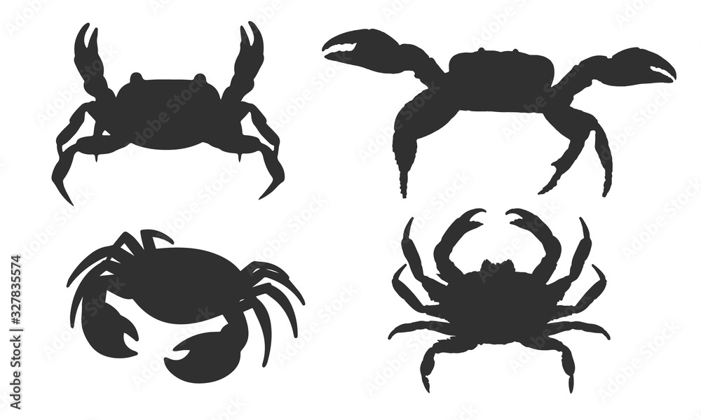 Vector silhouette of a crab on a white background.
