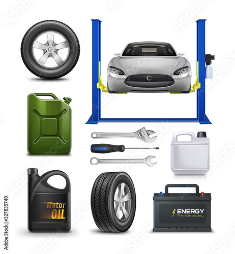 Vector realistic set for Car Service isolated on white. Car maintenance advertisement concept.