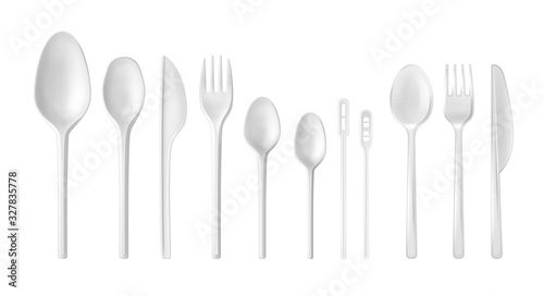 Set of vector realistic white and transparent desposable tableware isolated on white background