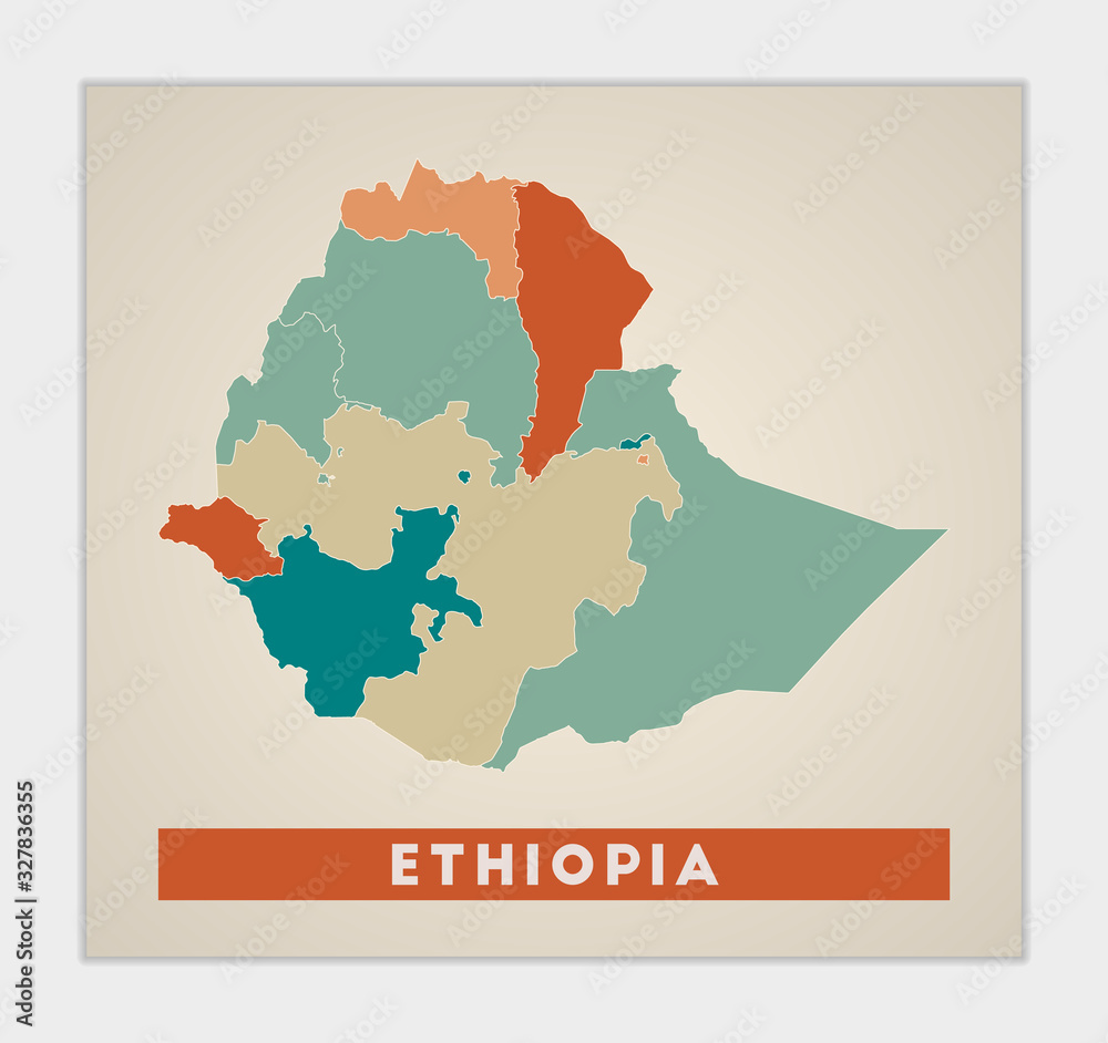 Ethiopia poster. Map of the country with colorful regions. Shape of Ethiopia with country name. Creative vector illustration.