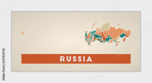 Russia poster. Map of the country with colorful regions. Shape of Russia with country name. Awesome vector illustration.