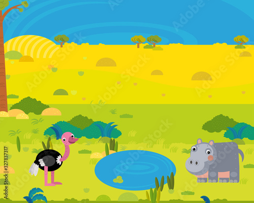 cartoon africa safari scene with cute wild animals by the pond illustration