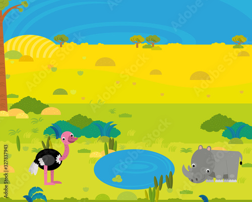 cartoon africa safari scene with cute wild animals by the pond illustration