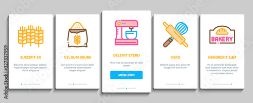 Bakery Tasty Food Onboarding Mobile App Page Screen Vector. Bakery Cake And Bread, Pie And Donut, Cookie And Croissant, Wheat And Flour Concept Linear Pictograms. Color Contour Illustrations