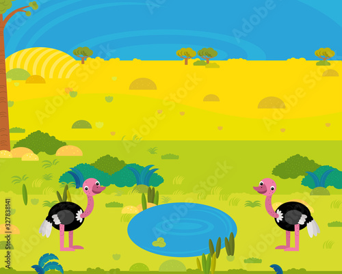 cartoon africa safari scene with cute wild animals by the pond illustration