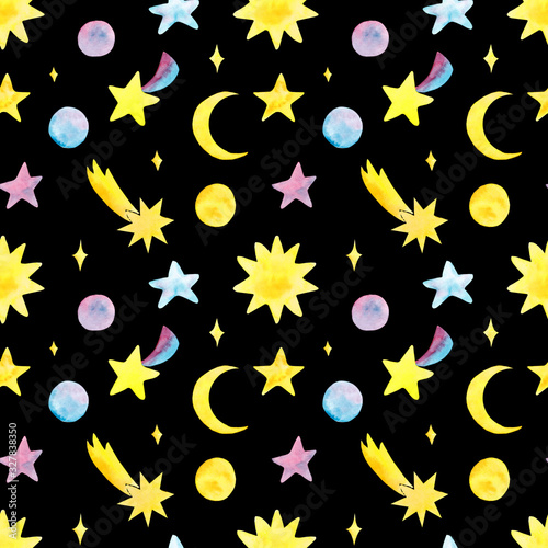 Watercolor hand drawn multi colored stars, moon, sun and comets seamless pattern isolated on black background. Outer space print for  textile, wallpaper, wrapping paper, background, design etc. © Lelakordrawings
