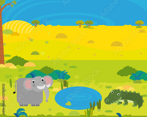 cartoon africa safari scene with cute wild animals by the pond illustration