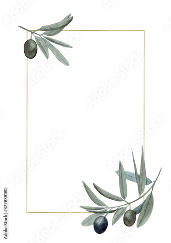 Watercolor hand drawn gold frame with olive branches with green and black fruit on trendy earthy hue isolated on white background. Template with copy space good for summer design.