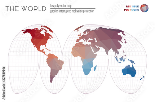 Polygonal map of the world. Goode's interrupted Mollweide projection of the world. Red and blue colored polygons. Modern vector illustration.