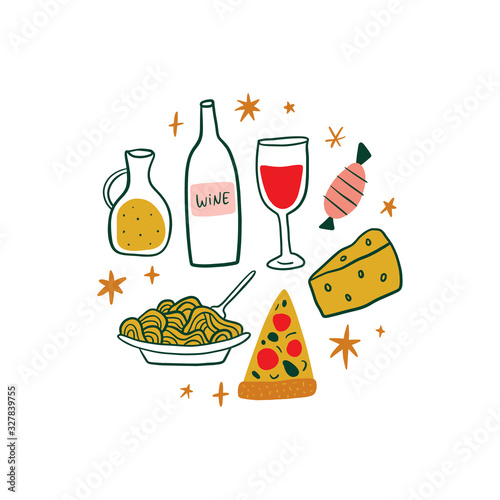 Modern cartoon colorful flat stylized Italian icons symbols, label, cute illustration. Doodle landmarks concept, food and drinks of Italy. Vector EPS clip art