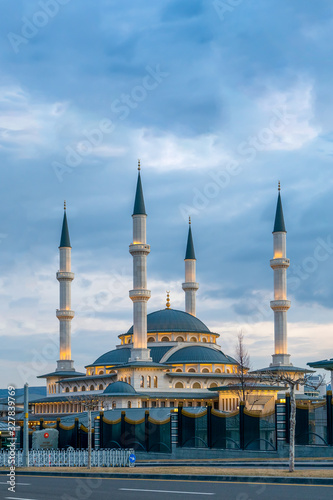 Ankara/Turkey - February 29 2020:    Millet Camii just near the presidential office in Bestepe in the evening photo