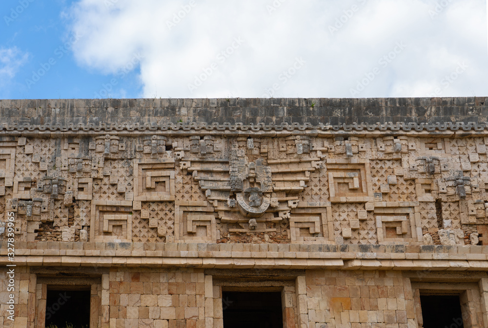 Fragment of the Governor's Palace (Nunnery Quadrangle). Uxmal an ancient Maya city of the classical period. Travel photo. Yucatan. Mexico.