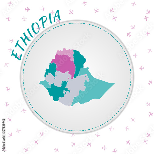 Ethiopia map design. Map of the country with regions in emerald-amethyst color palette. Rounded travel to Ethiopia poster with country name and airplanes background. Creative vector illustration.