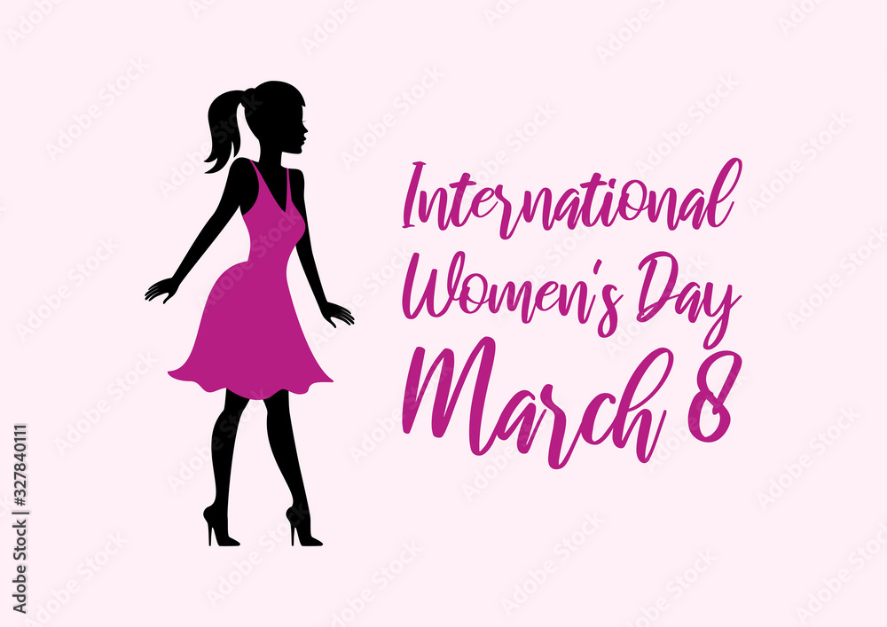 International Women's Day vector. Woman in purple dress silhouette vector. Beautiful woman icon. Sensual girl silhouette. Women's Day Poster, March 8. Important day International Women's Day vector. Woman in purple dress silhouette vector. Beautiful woman icon. Sensual girl silhouette. Women's Day Poster, March 8. Important day