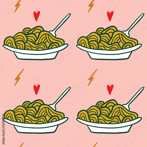 Modern cartoon colorful flat stylized Italian pasta spaghetti seamless pattern, cute illustration. Doodle landmarks concept, food and drinks of Italy. Vector EPS clip art