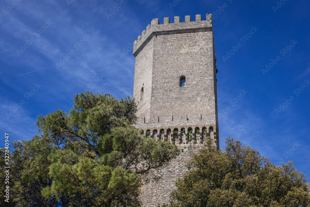 Tower of Balio Castle in Erice, small town located on a mountain near Trapani city, Sicily Island in Italy
