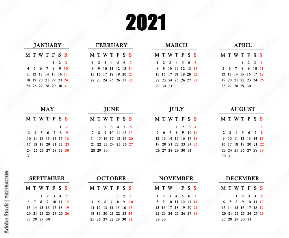 Calendar for 2021 on white background. Calendar for 2021 on white background.