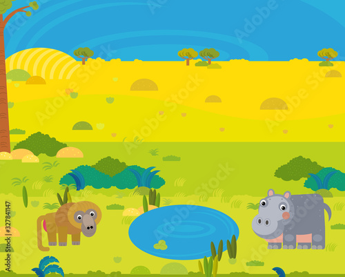 cartoon africa safari scene with cute wild animals by the pond illustration © honeyflavour