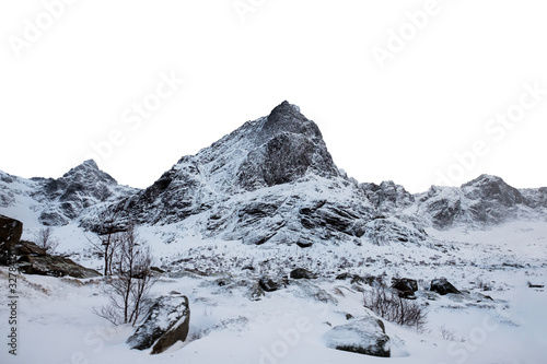 Snowy mountain range on winter at Lofoten island