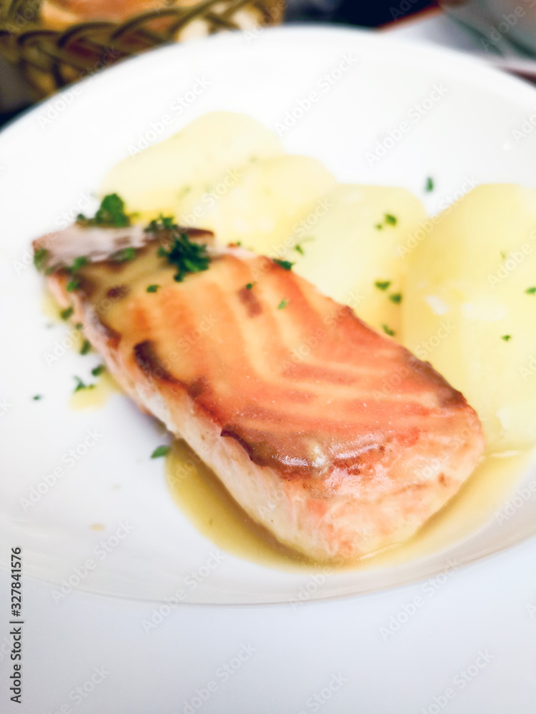 Grilled Salmon with fresh lettuce and mash potatoes