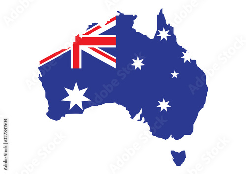 Flag of Australia placed over an outline map of Australia