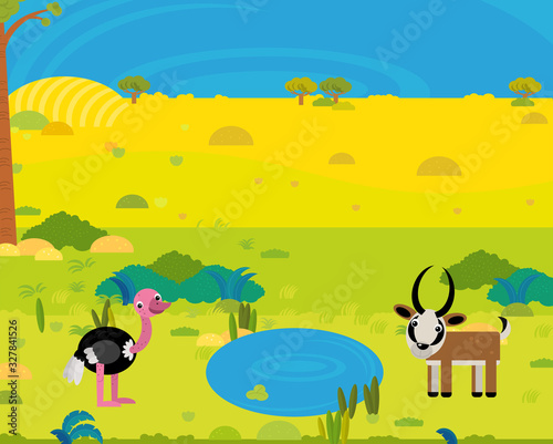 cartoon africa safari scene with cute wild animals by the pond illustration