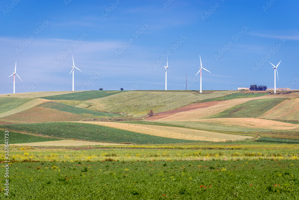 Fototapeta premium Landscape with wind farm in Trapani Province of Sicily autonomous region in Italy
