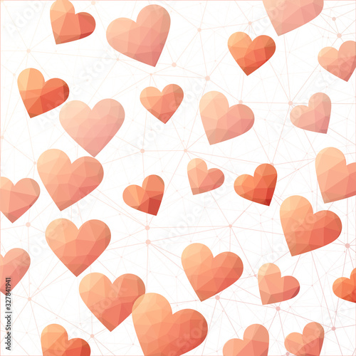 Beautiful Confetti Hearts Falling on Background. Polygonal hearts in orange-red colors. Artistic digital design. Amazing vector illustration.